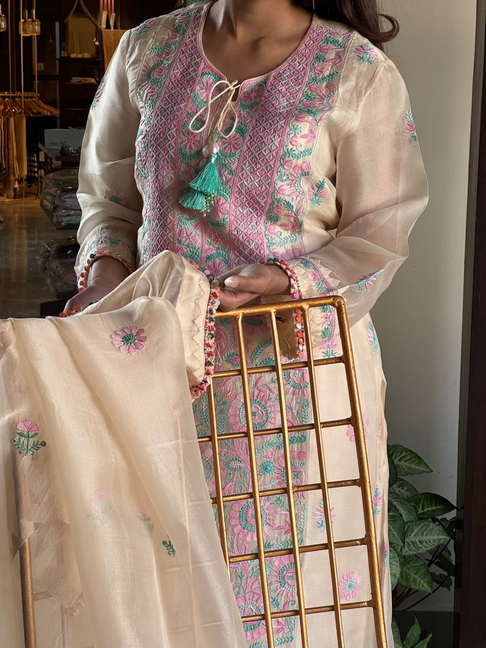 Noor Multi Coloured Chikankari Organza Kurta Set