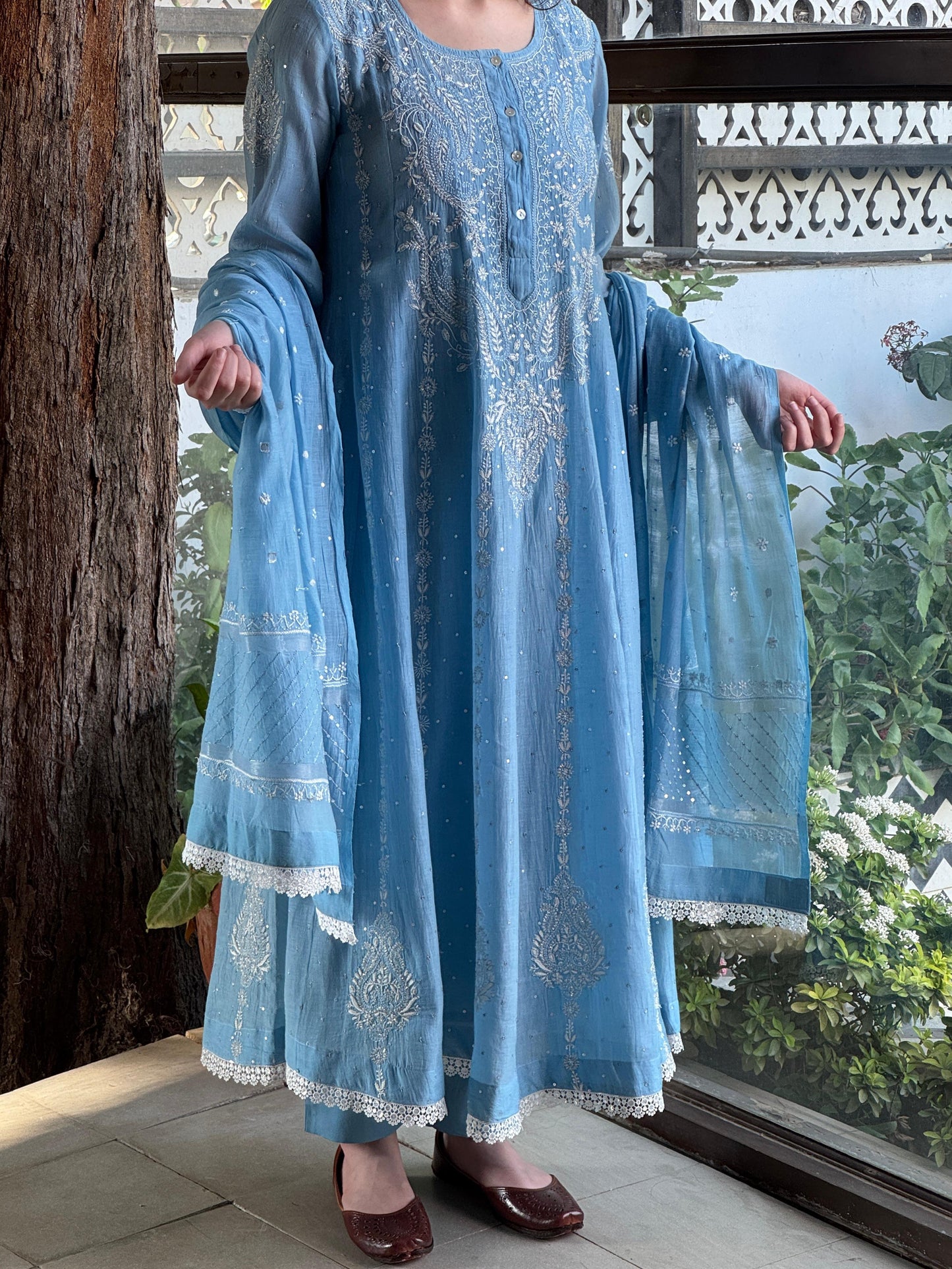 Powder Blue Shade Malmal Pearl Work Chikankari Anarkali