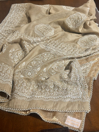 Natural Shade Fine Chikankari Ari Tissue Silk Dupatta