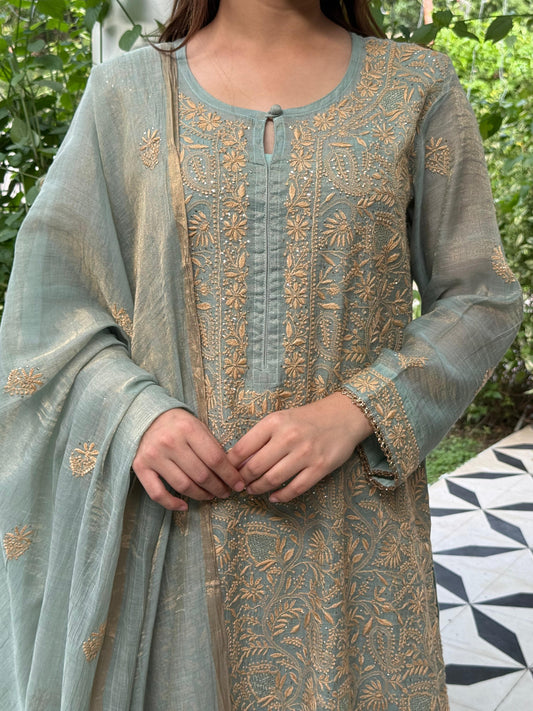 Cement Shade Tissue Silk Chikankari Straight Cut Kurta Dupatta Set
