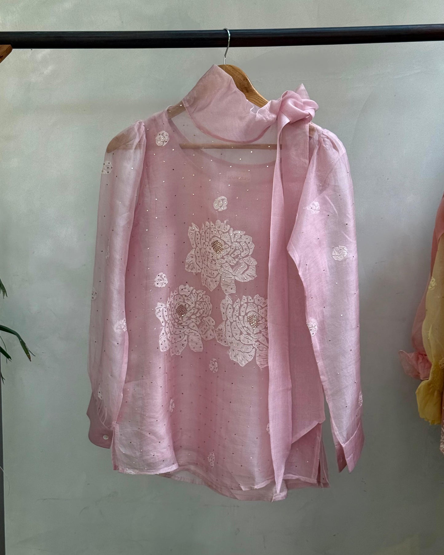 Baby Pink Noor Organza Resham Chikankari Short Top With Bow Tie