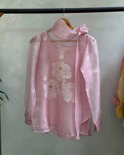 Baby Pink Noor Organza Resham Chikankari Short Top With Bow Tie