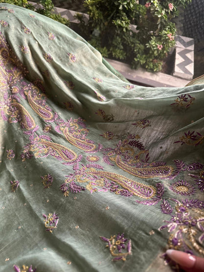 Sage Green & Purple Tissue Silk Chikankari Unstitched Fabric
