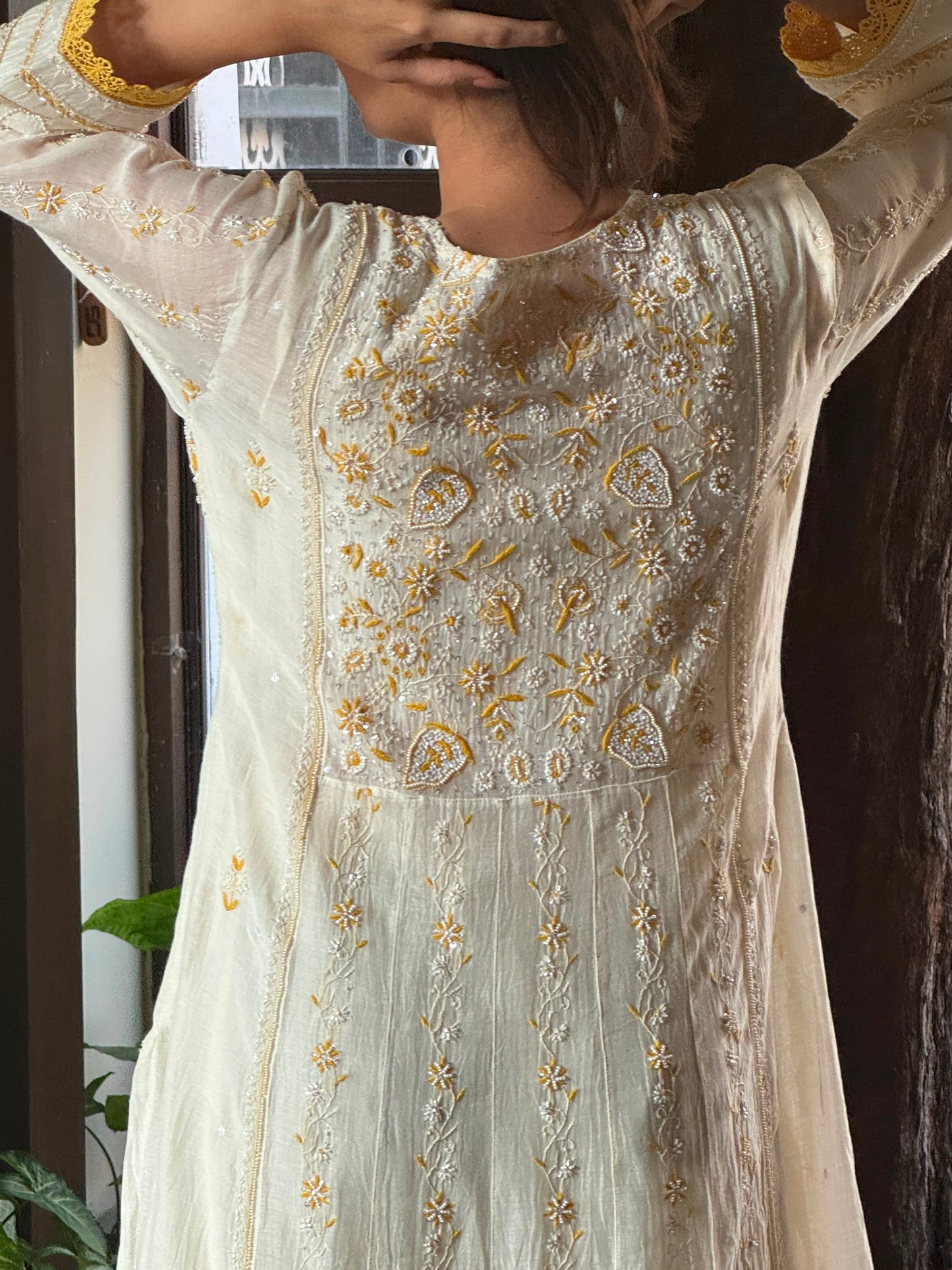 Off White & Yellow Malmal Pearl Work Chikankari Kalidar Kurta Set