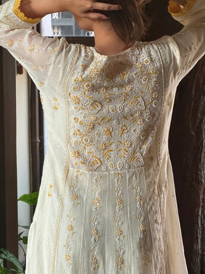 Off White & Yellow Malmal Pearl Work Chikankari Kalidar Kurta Set