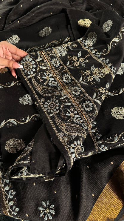 Black & Grey Banarasi Zari Chanderi Unstitched Chikankari Fabric