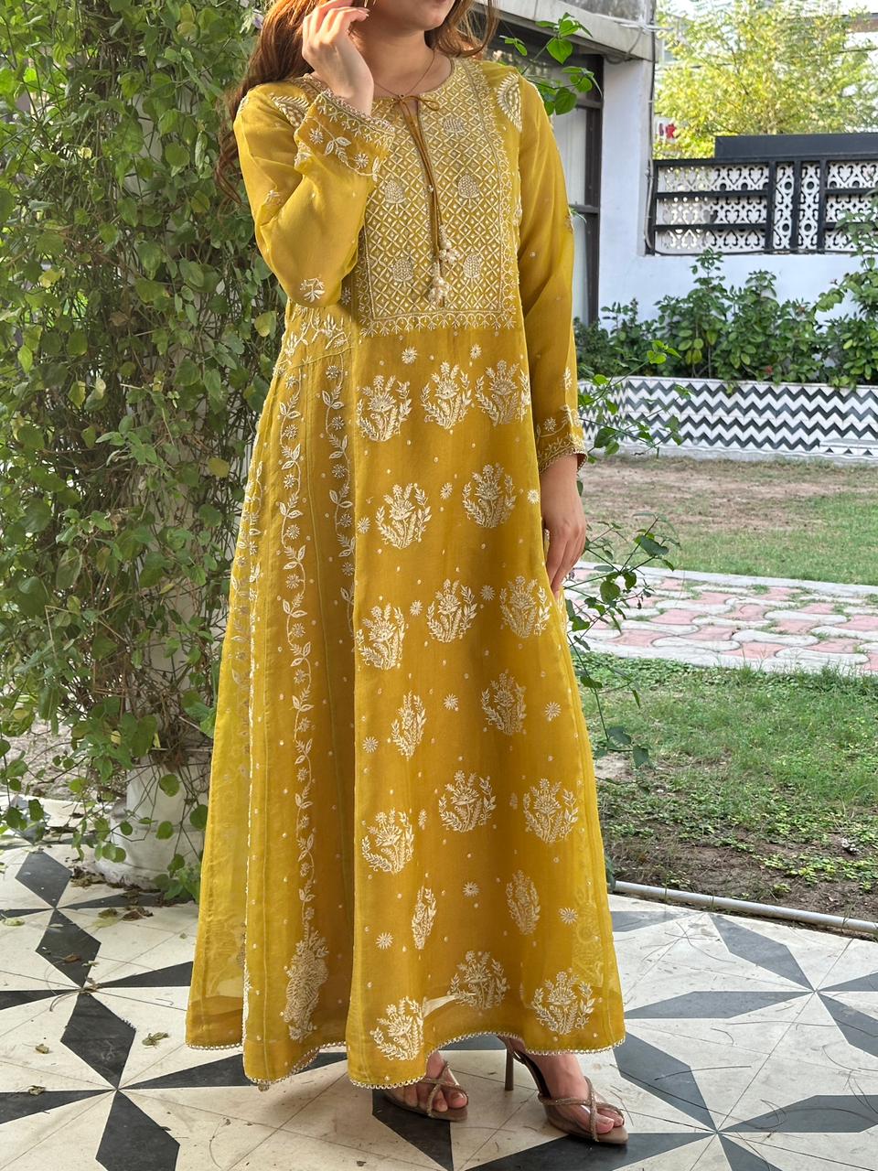 Yellow Noor Organza Chikankari Anarkali Kurta With Dupatta