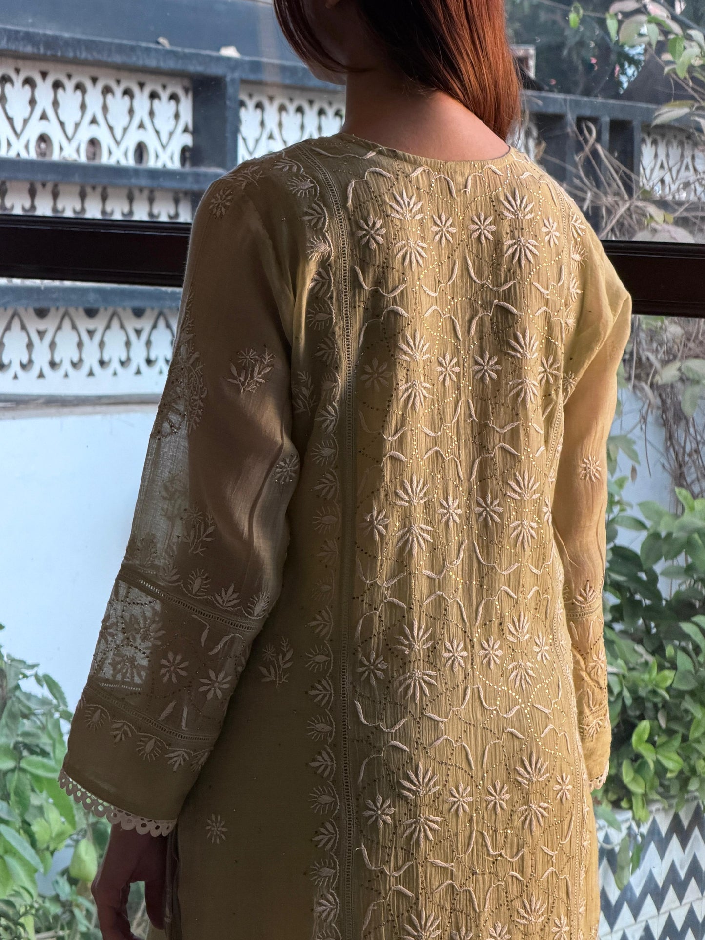 Olive Green Mul Chanderi Mukaish Kamdani Chikankari Stitched Kurta Dupatta Set