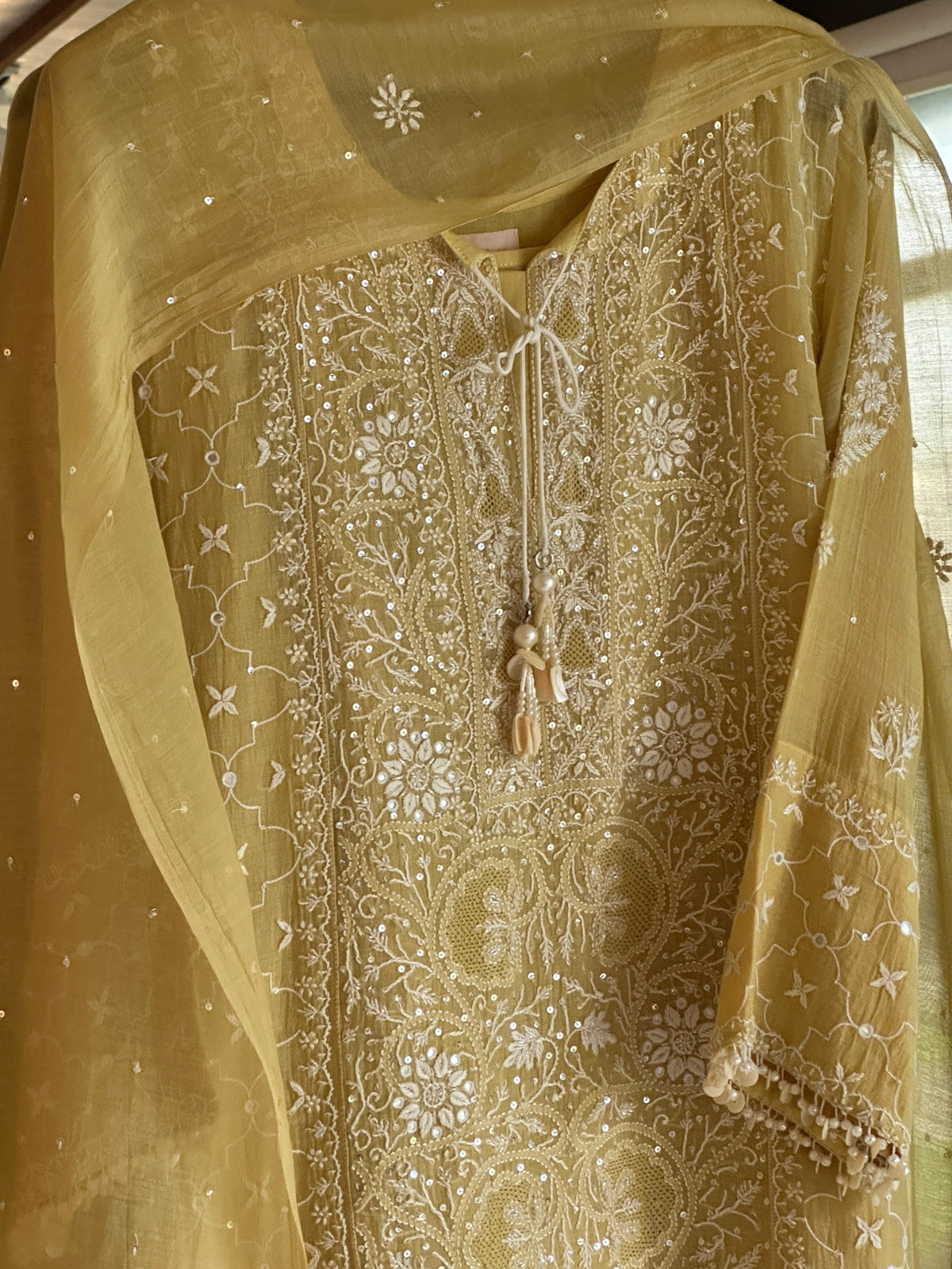 Yellow Shade Malmal Pearl White Chikankari Ready to Wear Kurta Set
