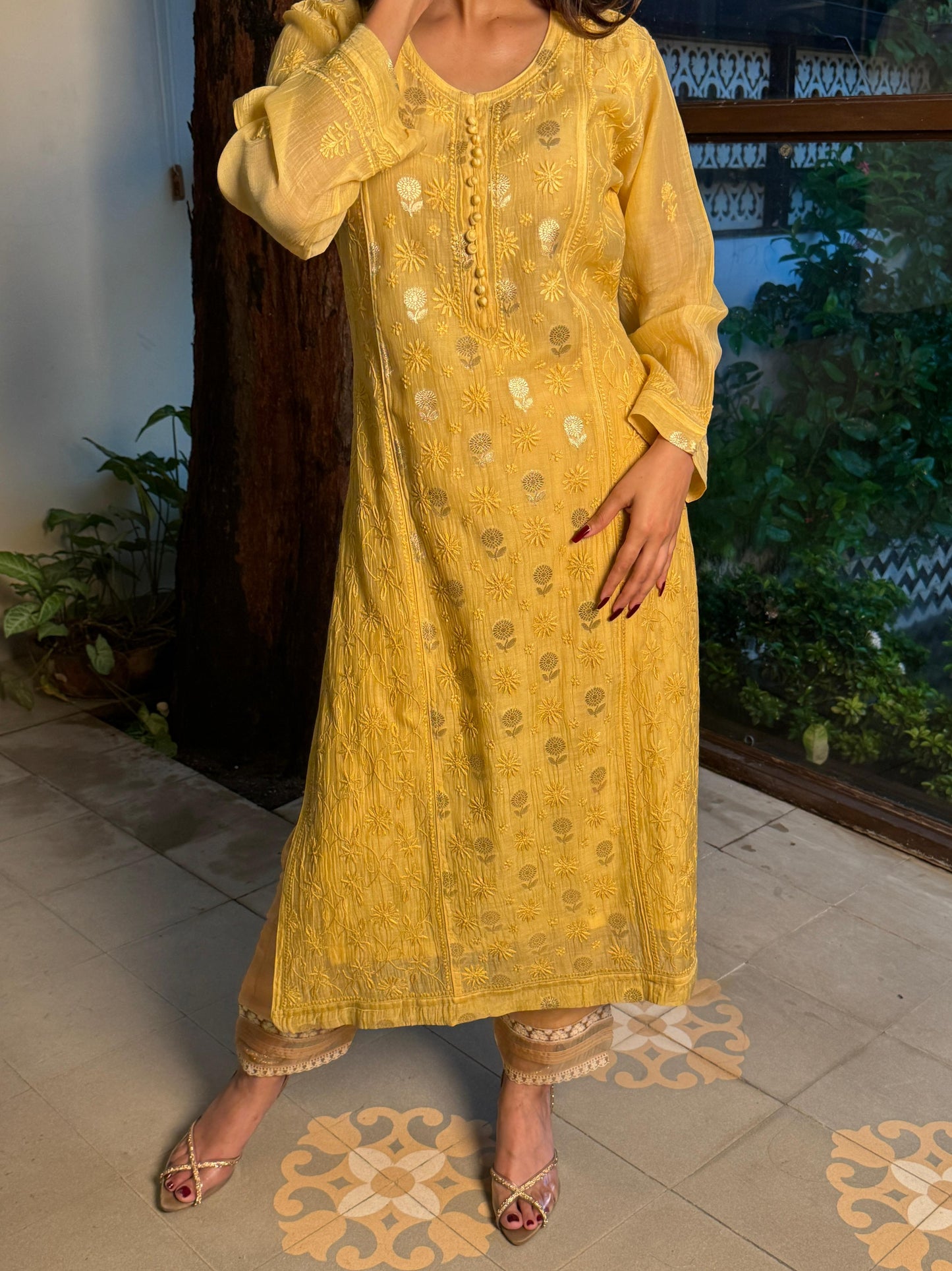 Yellow Shade Zari Chanderi Chikankari Ready to Wear Tunics