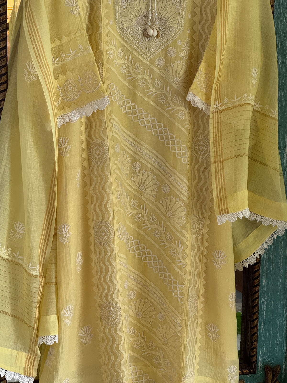 Yellow Shade Malmal Straight Cut Applique Chikankari Pearl & Sequins Kurta Set