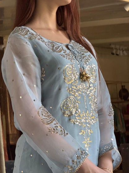Powder Blue Foil Print Organza Chikankari Ready to Wear Sharara Set