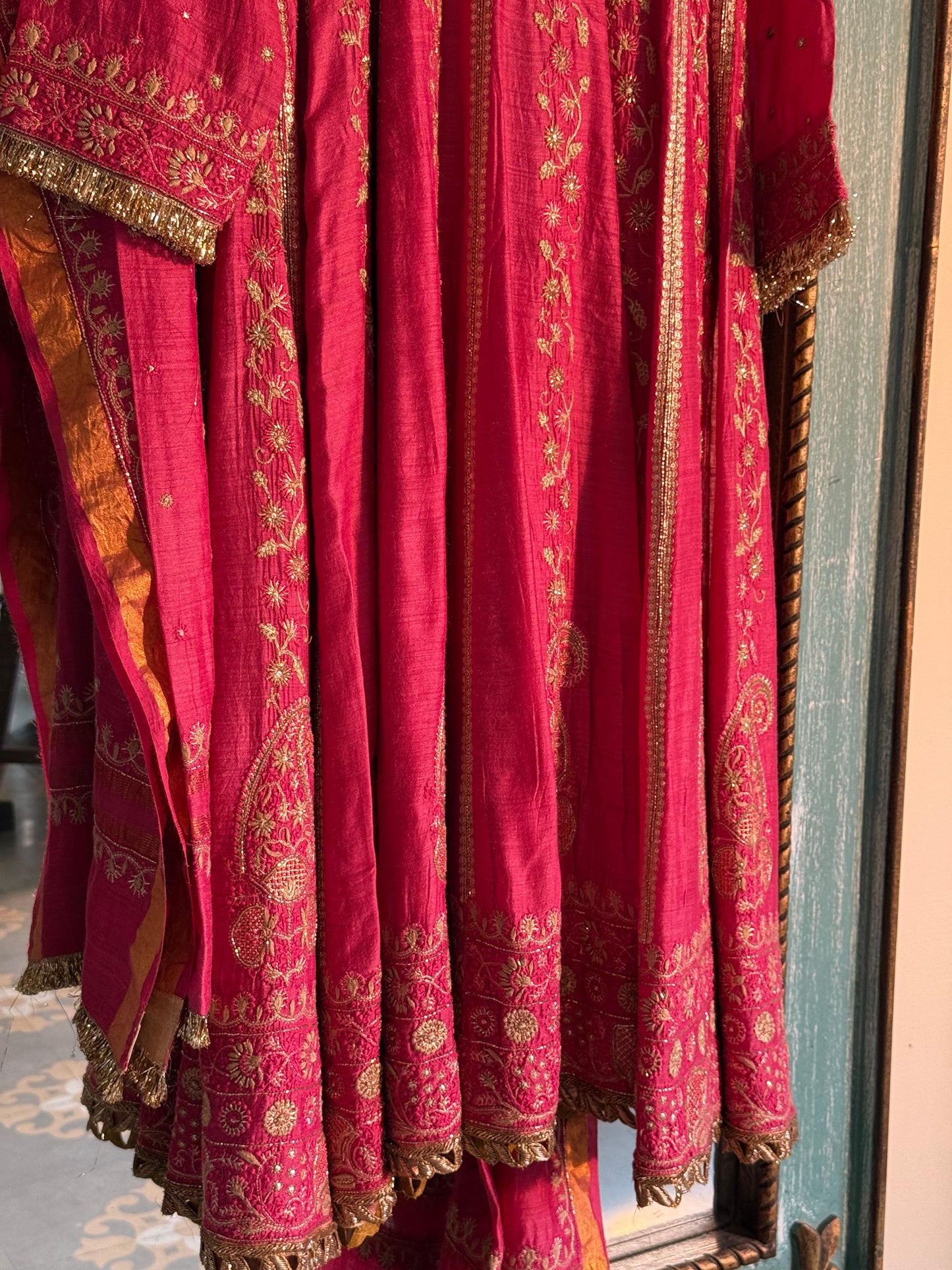 Roheen Pink Moonga Silk Chikankari Anarkali With Dupatta