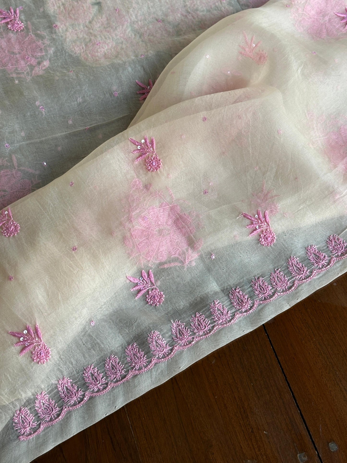 Ivory Shade Noor Organza Silk Chikankari Unstitched Kurta Dupatta Set