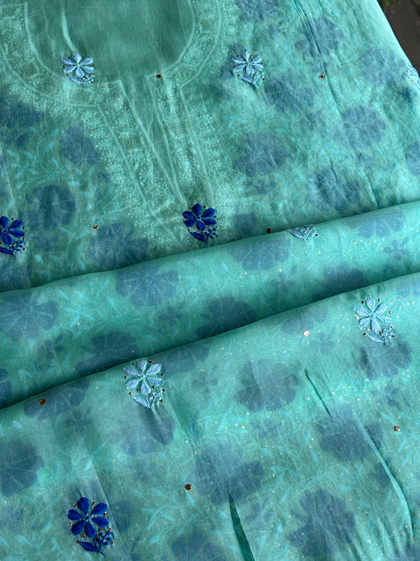 Blue Noor Organza Silk Chikankari With Kamdani Fabric