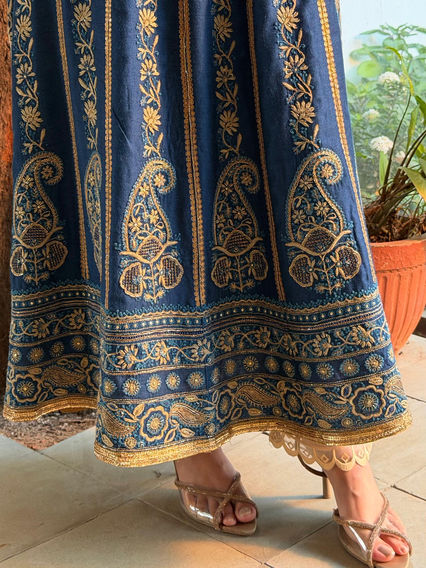 Roheen Blue Moonga Silk Chikankari Anarkali With Dupatta
