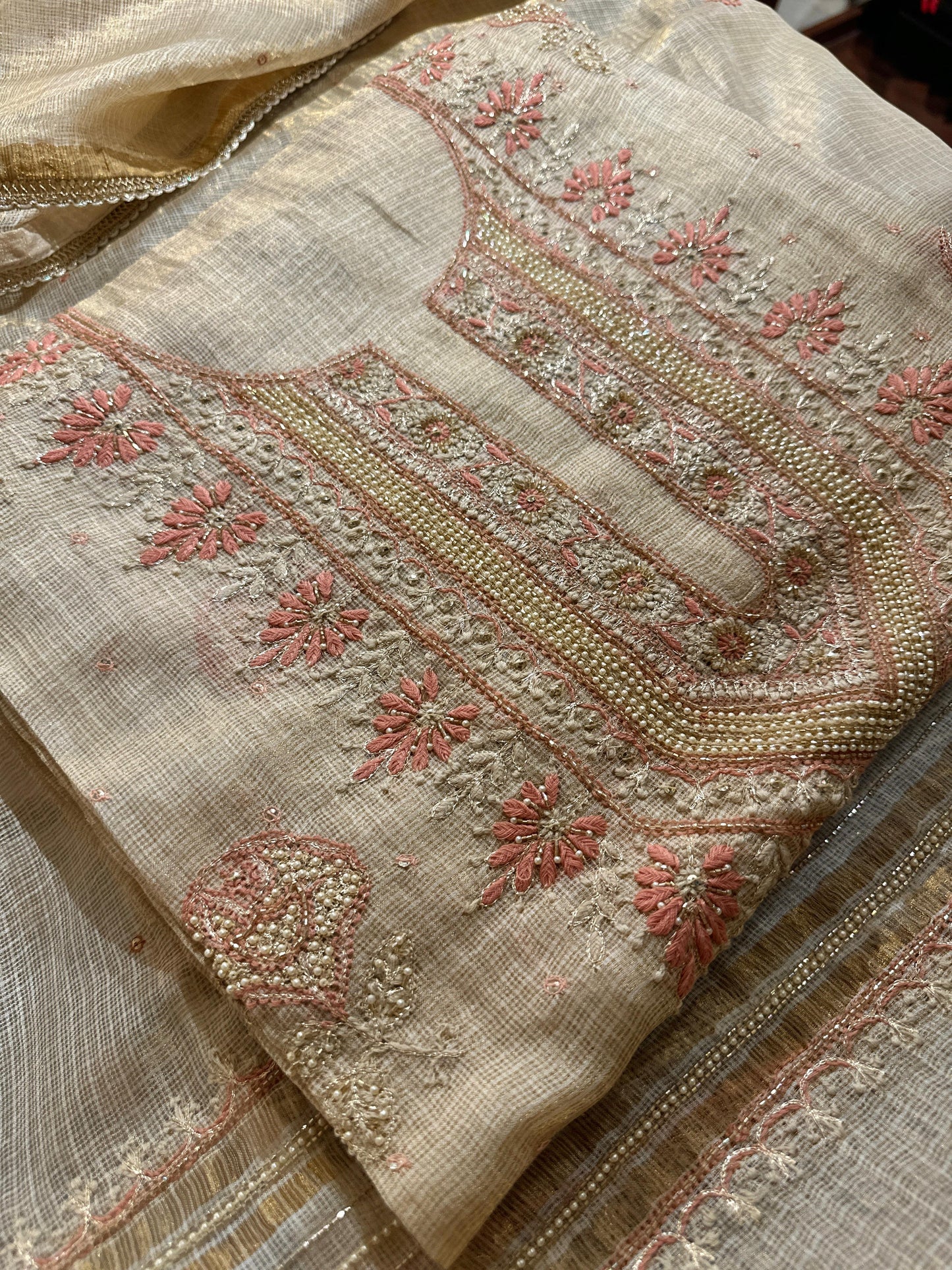 Beige Peach Tissue Kota Chikankari Unstitched Fabric