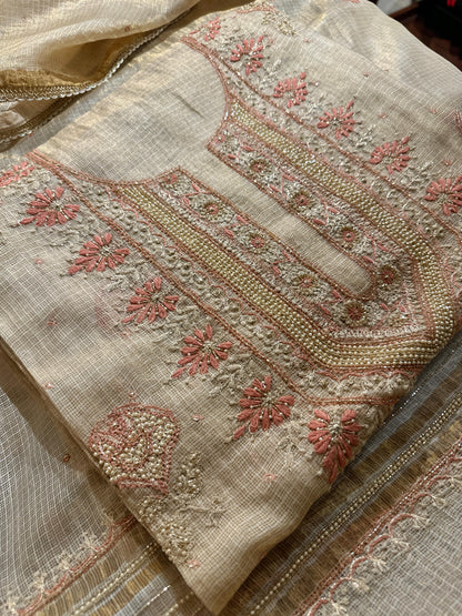 Beige Peach Tissue Kota Chikankari Unstitched Fabric