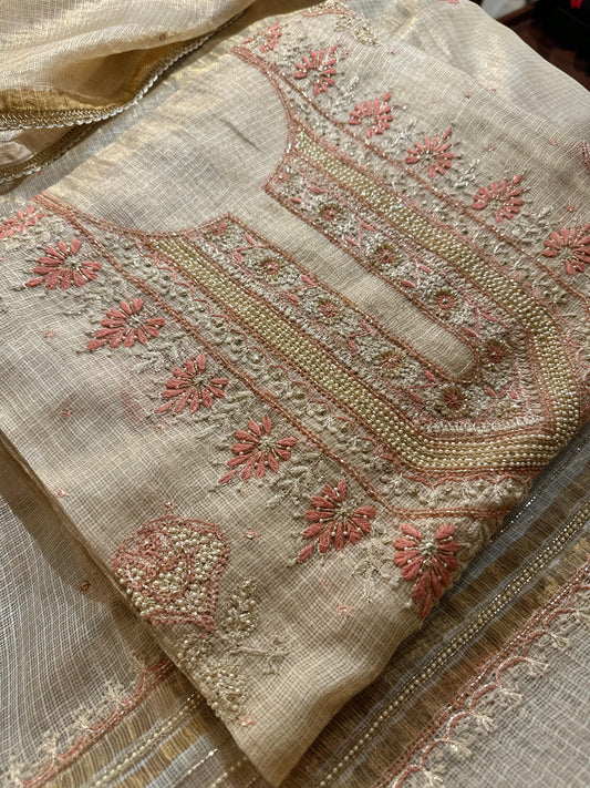 Beige Peach Tissue Kota Chikankari Unstitched Fabric