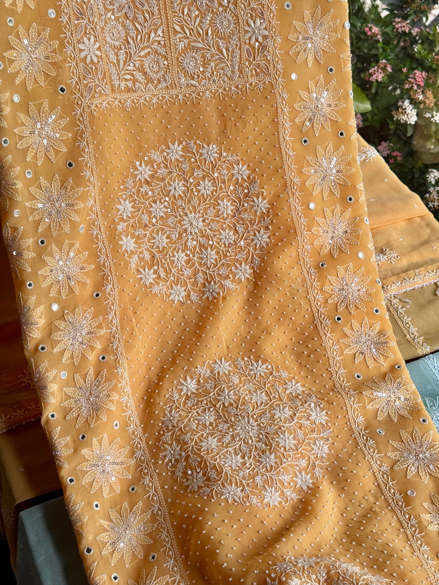 Melon Yellow shade Georgette Mirror Work Chikankari Kurta Dupatta Set