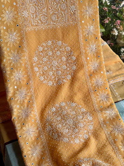 Melon Yellow shade Georgette Mirror Work Chikankari Kurta Dupatta Set