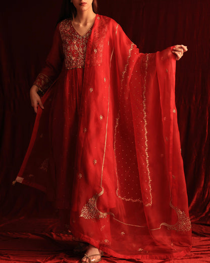 Red Maheshwari Silk Awadhi Zardosi Kurta Set