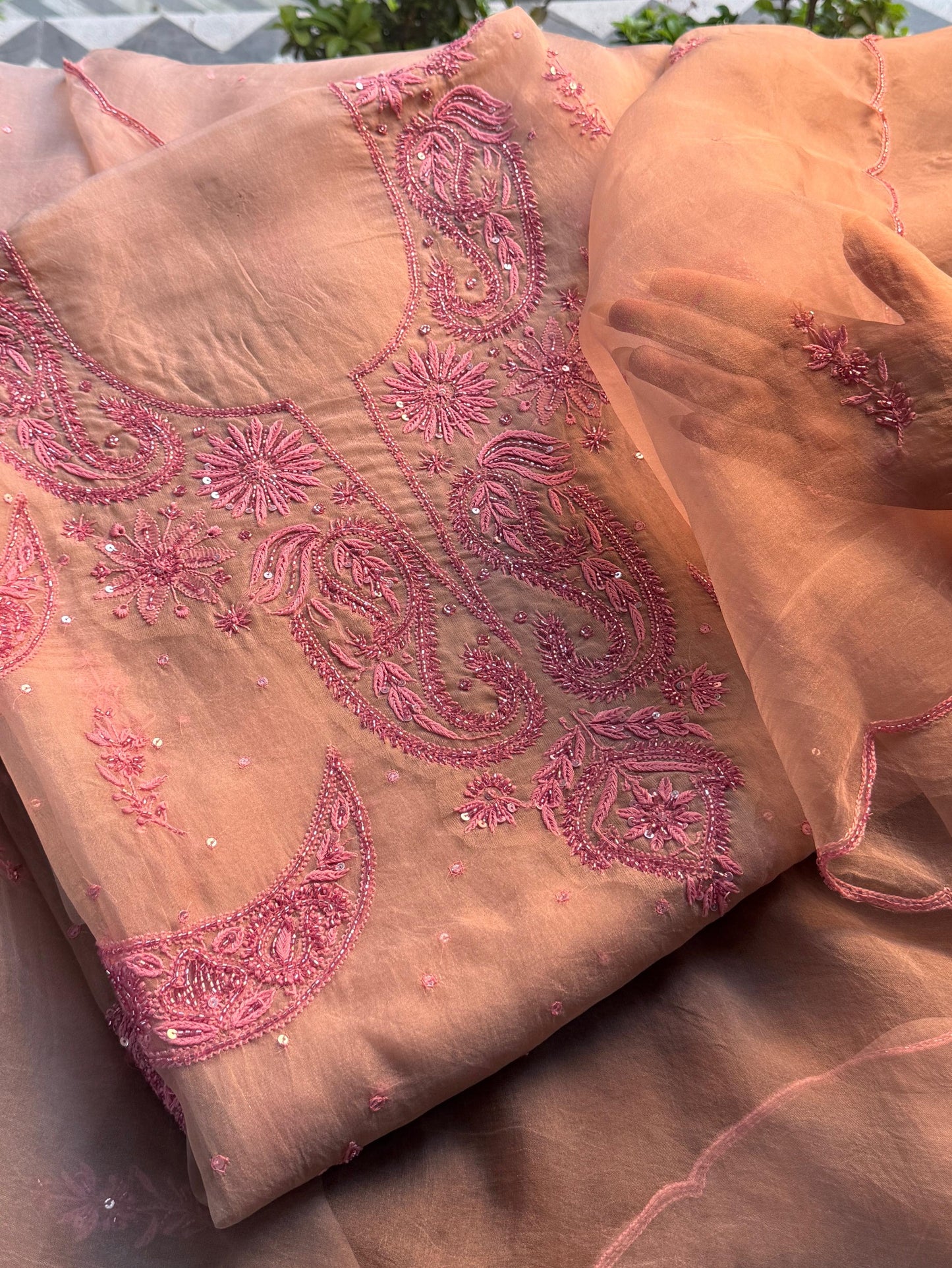 Beige & Pink Noor Organza Silk Chikankari Unstitched Kurta Dupatta Set