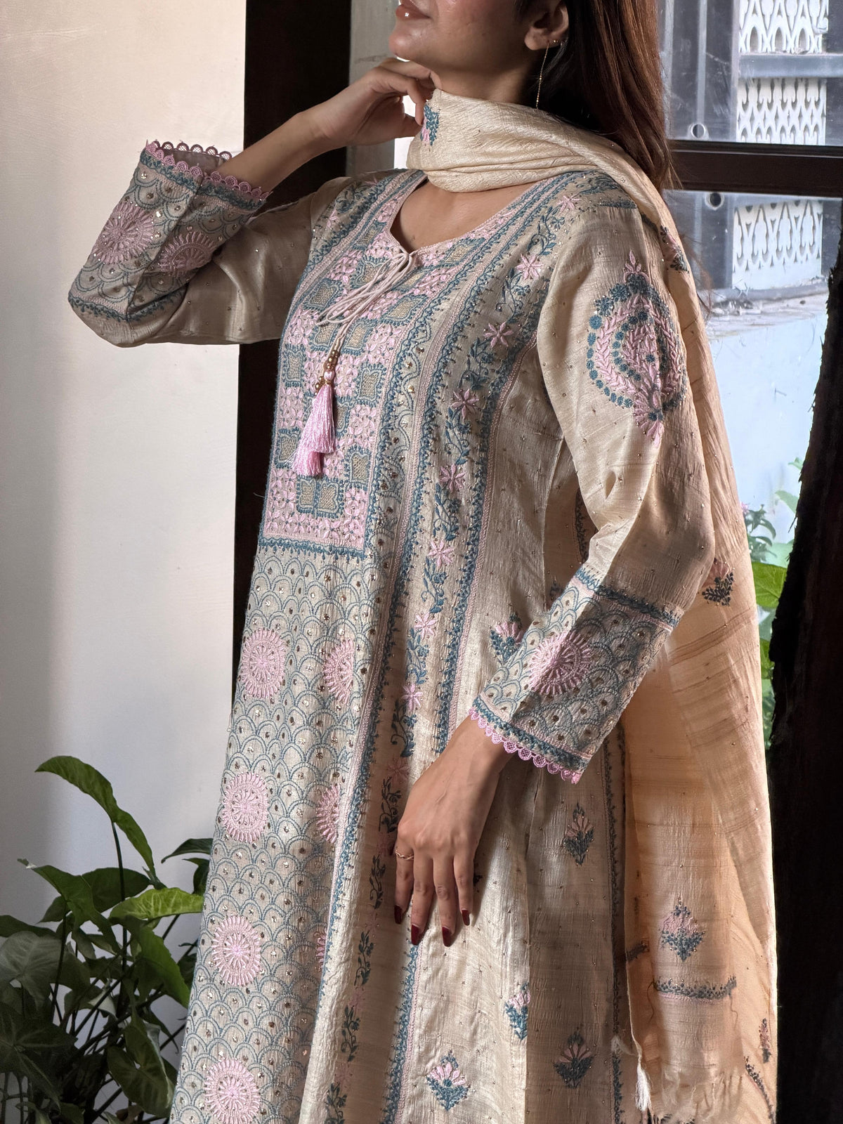 Basak Pink & Blue Natural Tussar Silk Kalidar Chikankari Kurta Set
