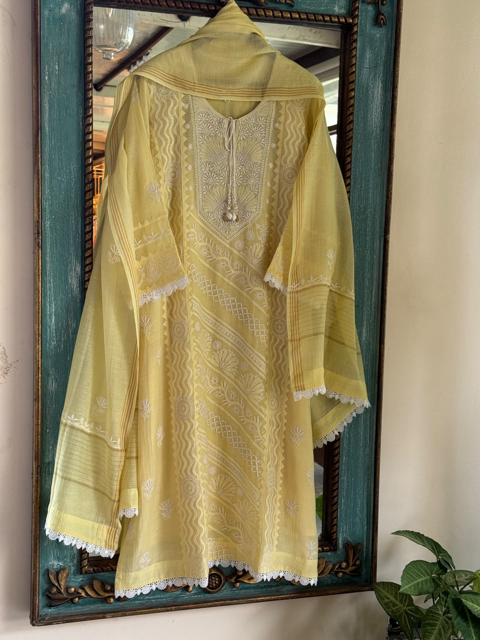 Yellow Shade Malmal Straight Cut Applique Chikankari Pearl & Sequins Kurta Set