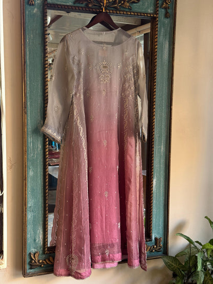 Grey & Pink Ombre Shade Noor Organza Chikankari Anarkali