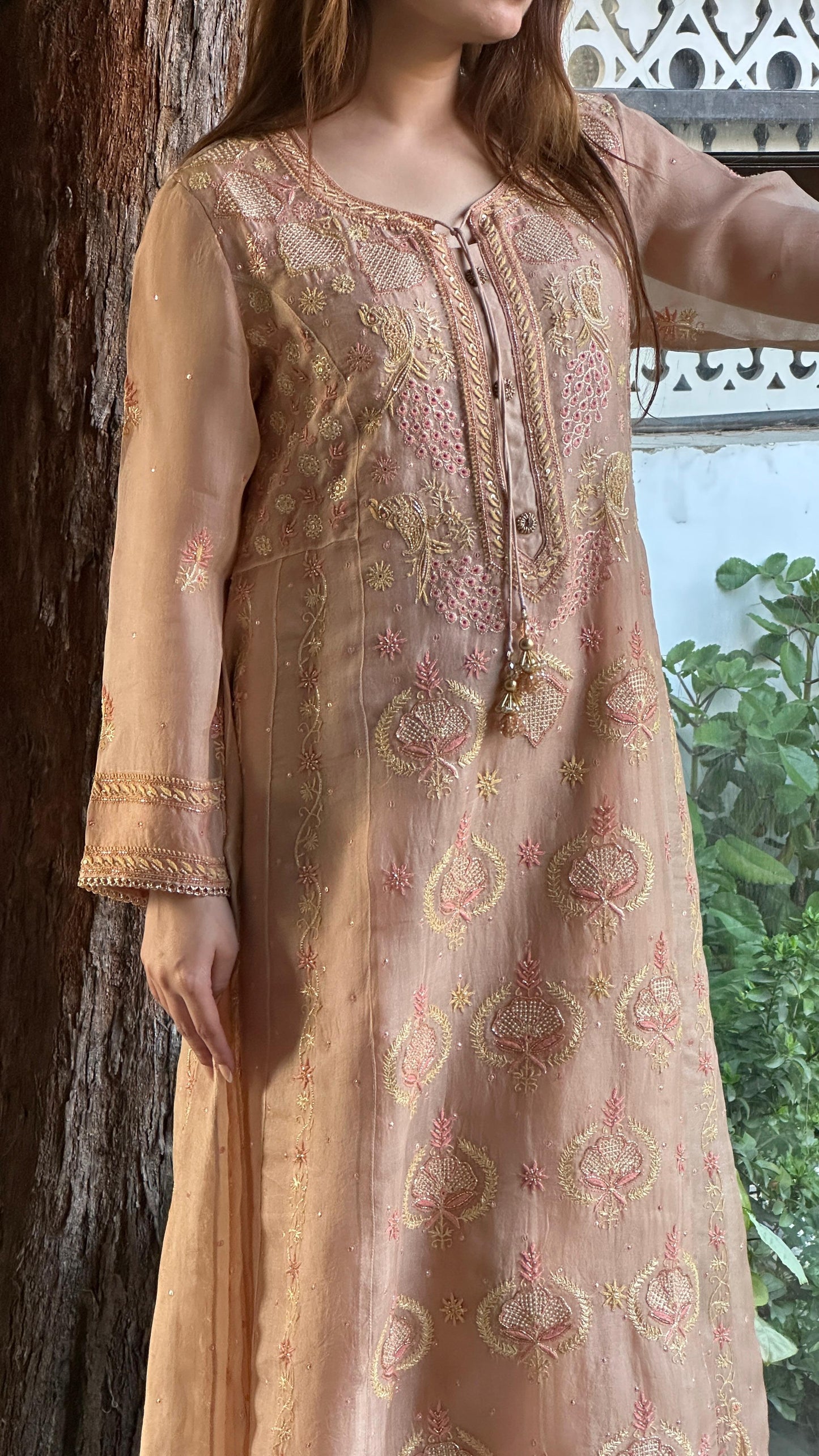 Almond Pink Noor Organza Chikankari A Line Kurta With Dupatta
