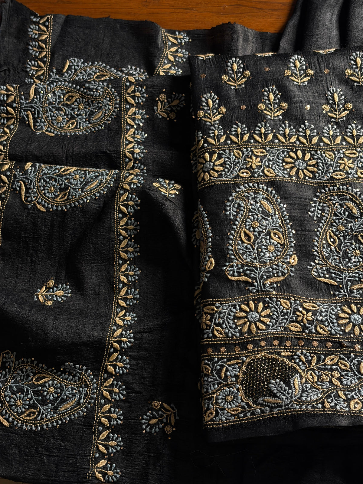 Black Shade Roheen Tussar Silk Chikankari Fabric