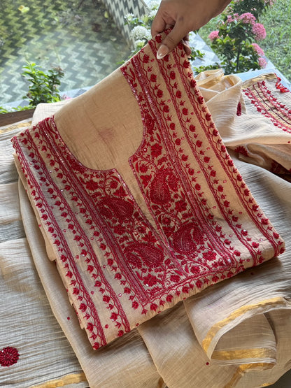 Beige & Red Mal Chanderi Silk Chikankari With Sequins Unstitched Kurta Dupatta Set