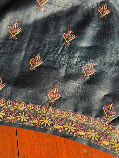 Blue Multi Roheen Tussar Silk Chikankari Fabric