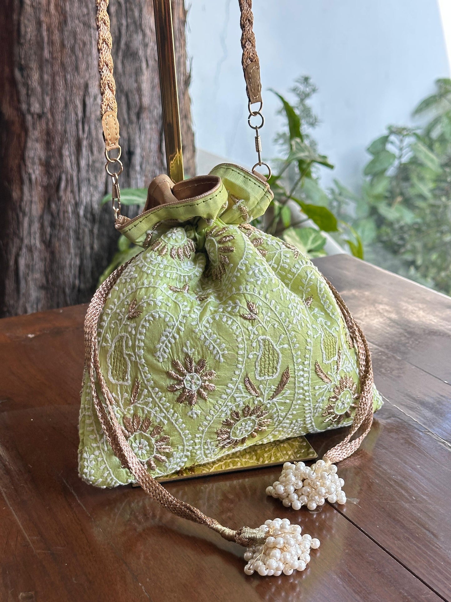 Mehndi Green Raw Silk Zardosi Polti Bags