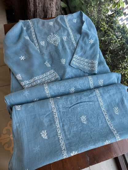 Blue Shade Semi Stitched Kota Tepchi Chikankari Kurta Dupatta Set
