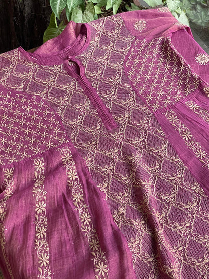Solid Pink Shade | Tissue Silk Chikankari Jaali Work Kurta Set