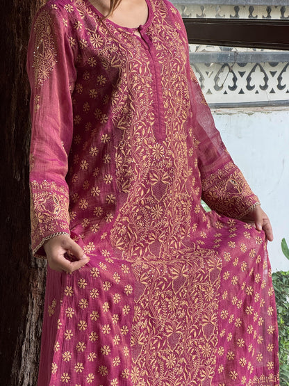 Cranberry Pink Shade Tissue Silk Chikankari Straight Cut Kurta Dupatta Set
