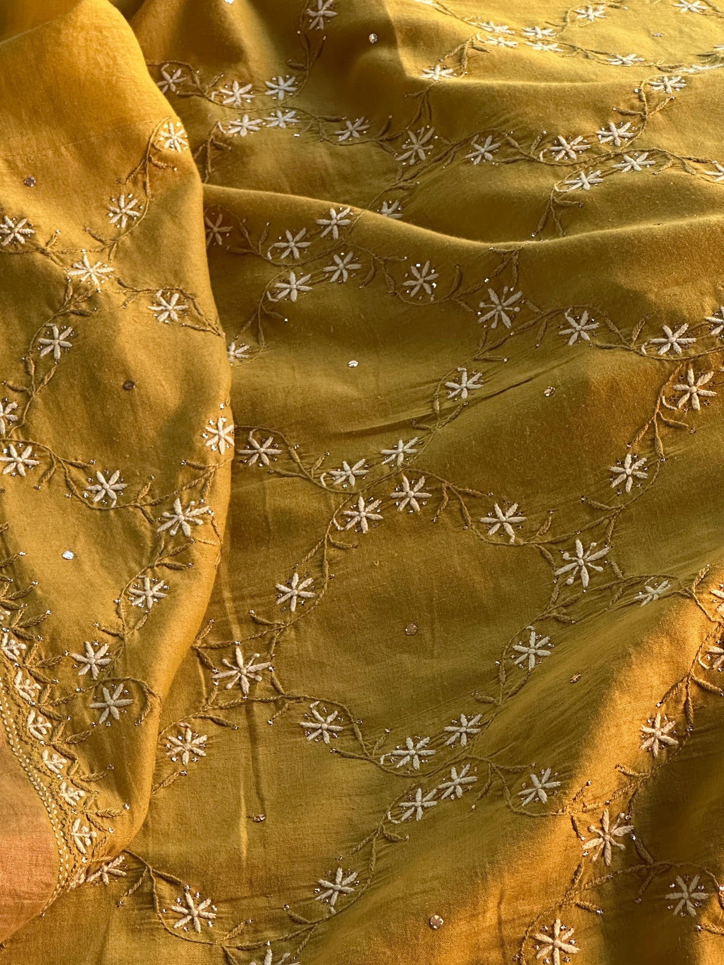 Mustard Yellow Shade Chanderi Chikankari Saree
