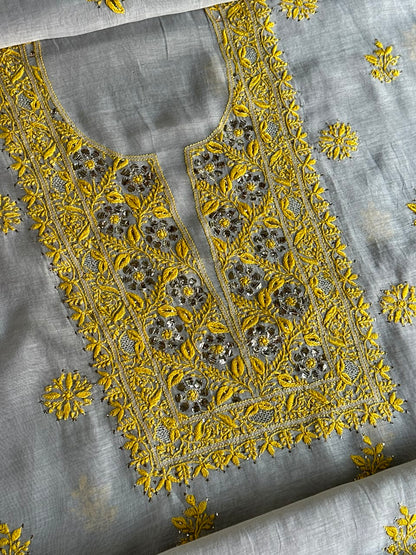 Grey Shade Mal Cotton Chikankari Unstitched Kurta Dupatta Fabric With Mukaish Badla