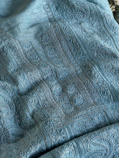 Sky Blue Shade Linen Silk Chikankari With Ari Work Unstitched Kurta Dupatta Set