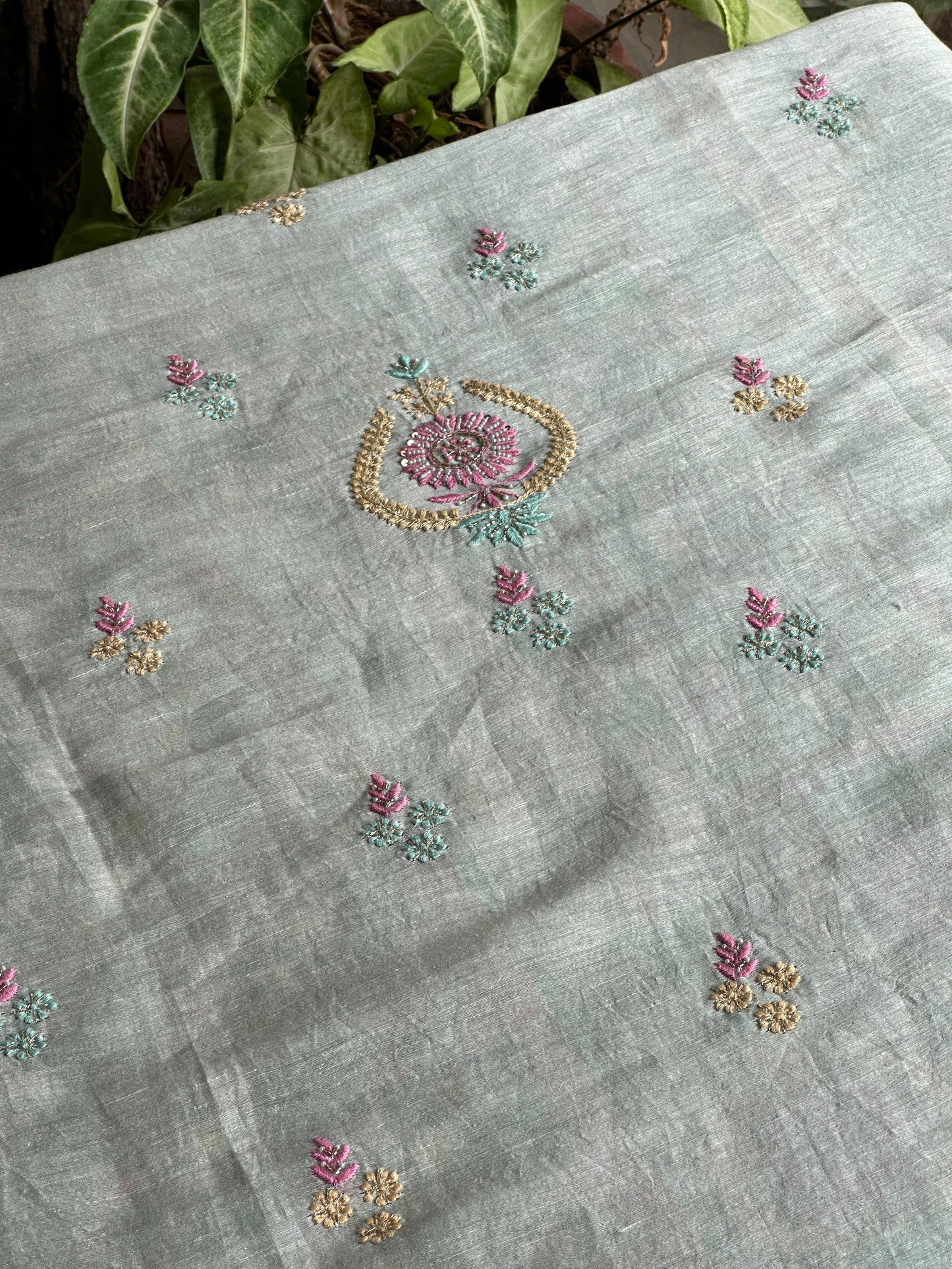 Pastel Mint Shade Rasm Silk Chikankari With Ari Work Unstitched Kurta Dupatta Set