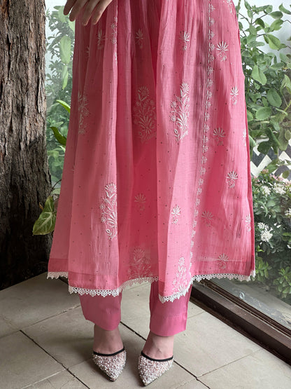 Pink Shade Malmal Mukaish Kamdani Chikankari Kurta Set