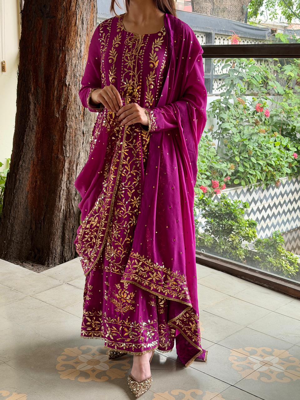 Plum Pink Shade Heavy Mukaish Badla Anarkali Suit Set