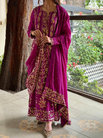Plum Pink Shade Heavy Mukaish Badla Anarkali Suit Set