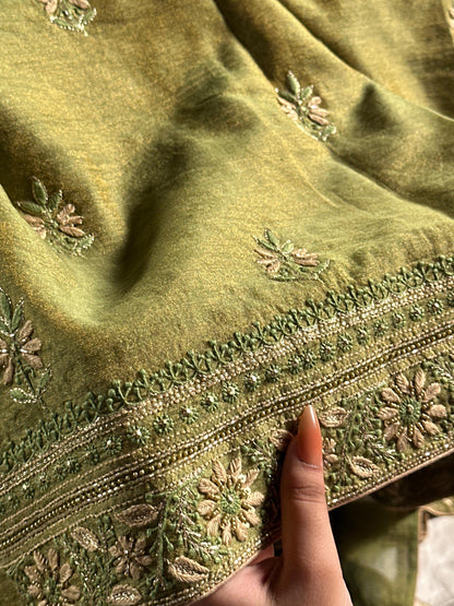 Green Tissue Silk Chikankari Unstitched Fabric
