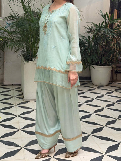 Satin Linen Farshi Sets With Chikankari & Kamdani