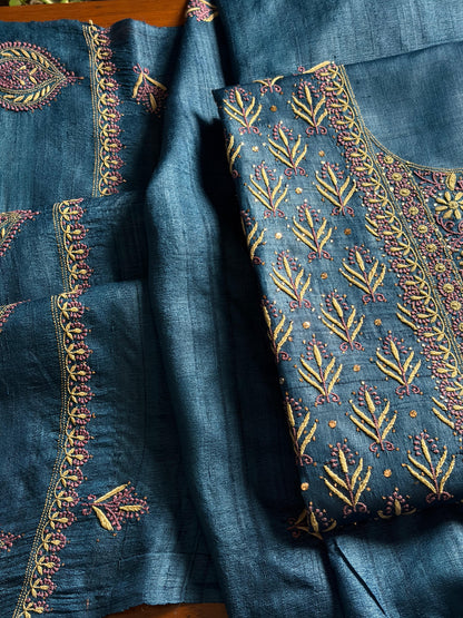 Blue Multi Roheen Tussar Silk Chikankari Fabric