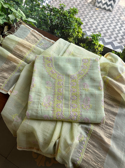 Olive Green Shade Tissue Zari Kota Chikankari Unstitched Fabric