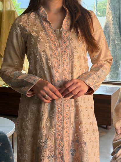 Intricate Natural Tussar Silk Chikankari RTW Jacket Set